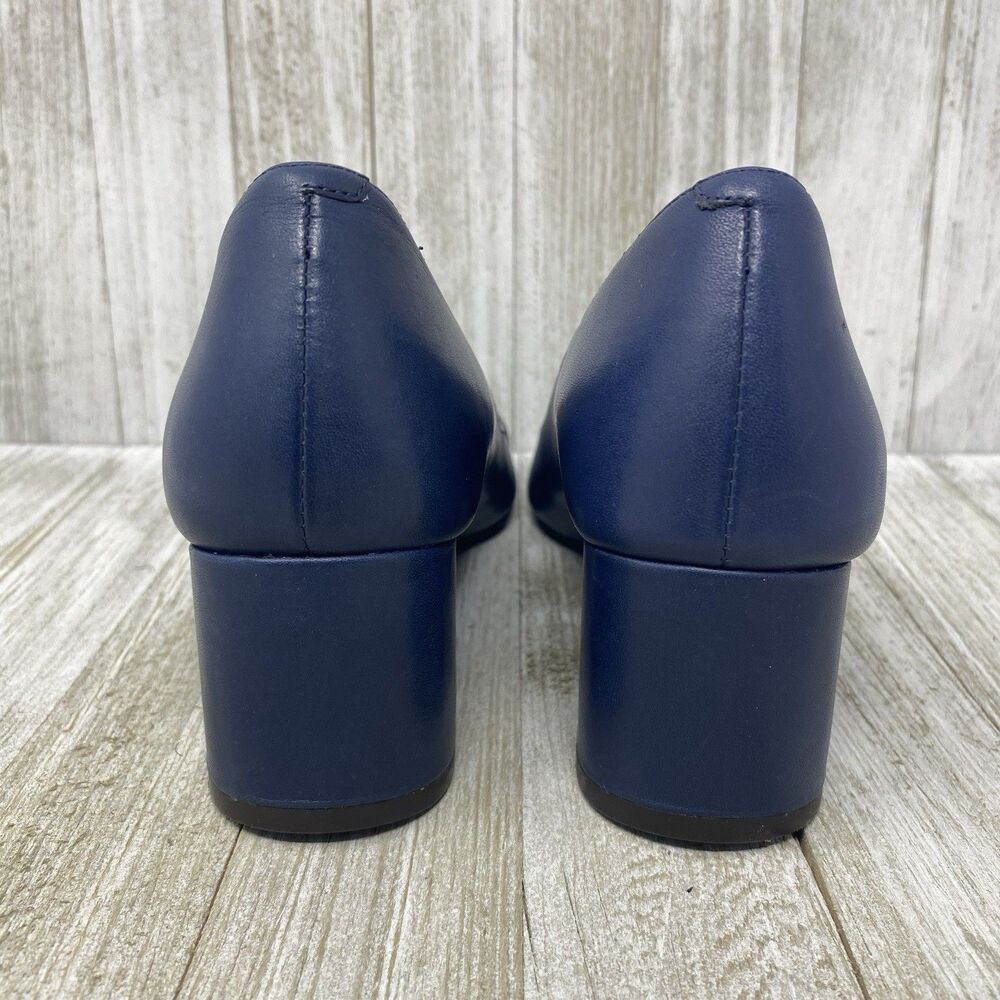Cole Haan Dawna Pumps Navy Blue Leather Block Heel Cap Toe Black Shoes Size 6 B - Picture 5 of 11
